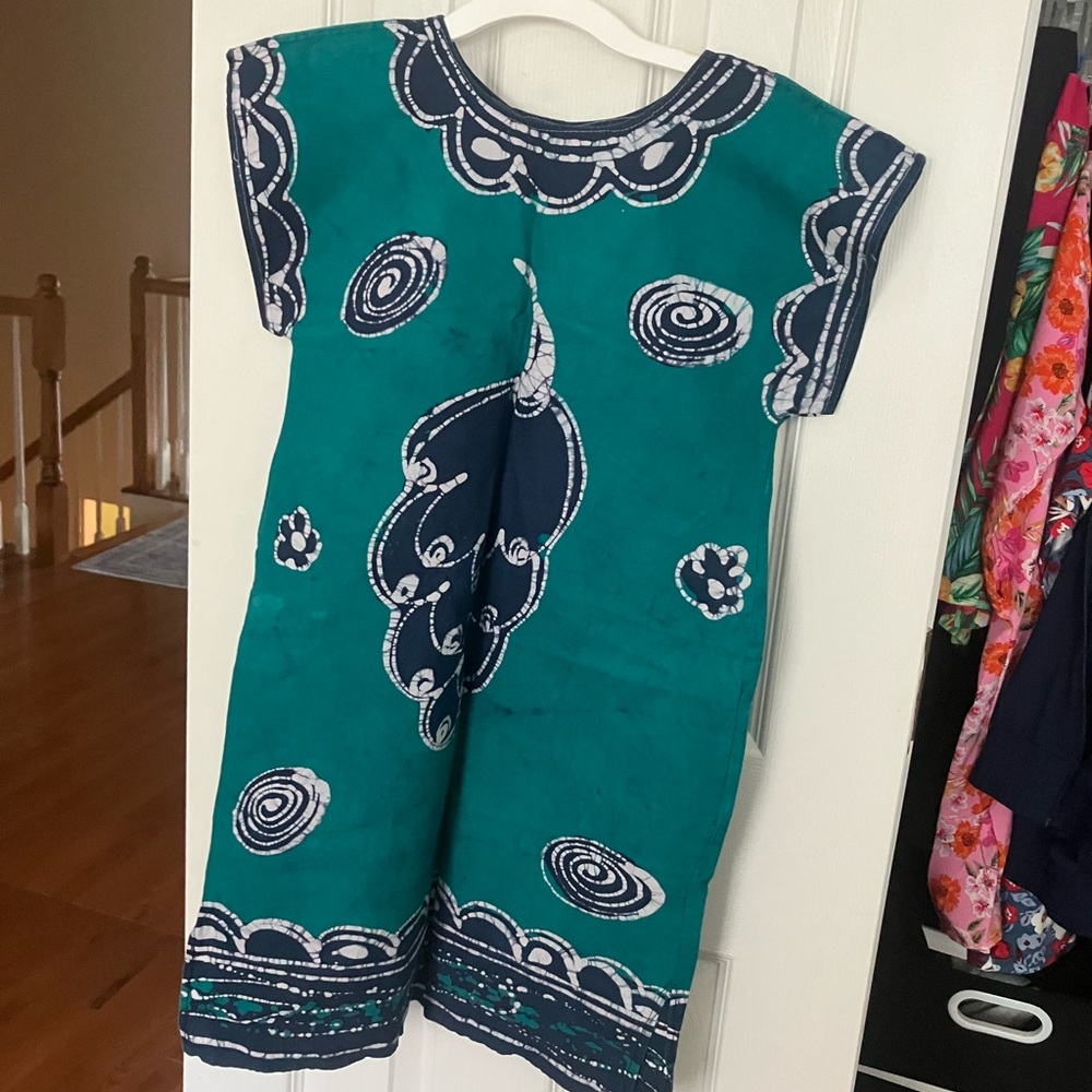 Nigerian Batik Green Blue Short Sleeve Shift Dress